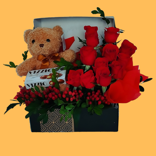 Cofre de rosas con peluche